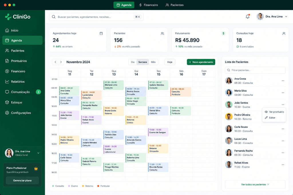 CliniGo Dashboard - Sistema de Gestão para Clínicas